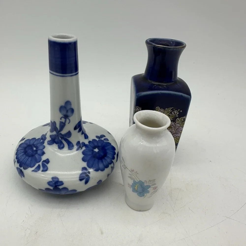 Vintage Lot Of 3 Miniature Porcelain Blue And White Vases 2-4